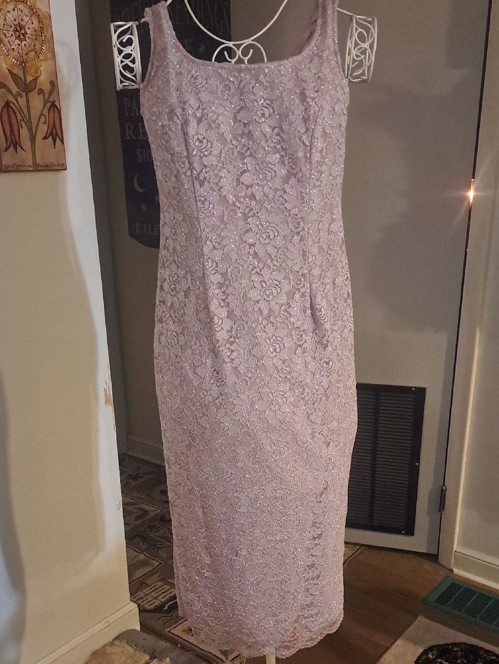 Alex Evenings Champagne Colored Lace Midi Glitter Sheath Dress, 6